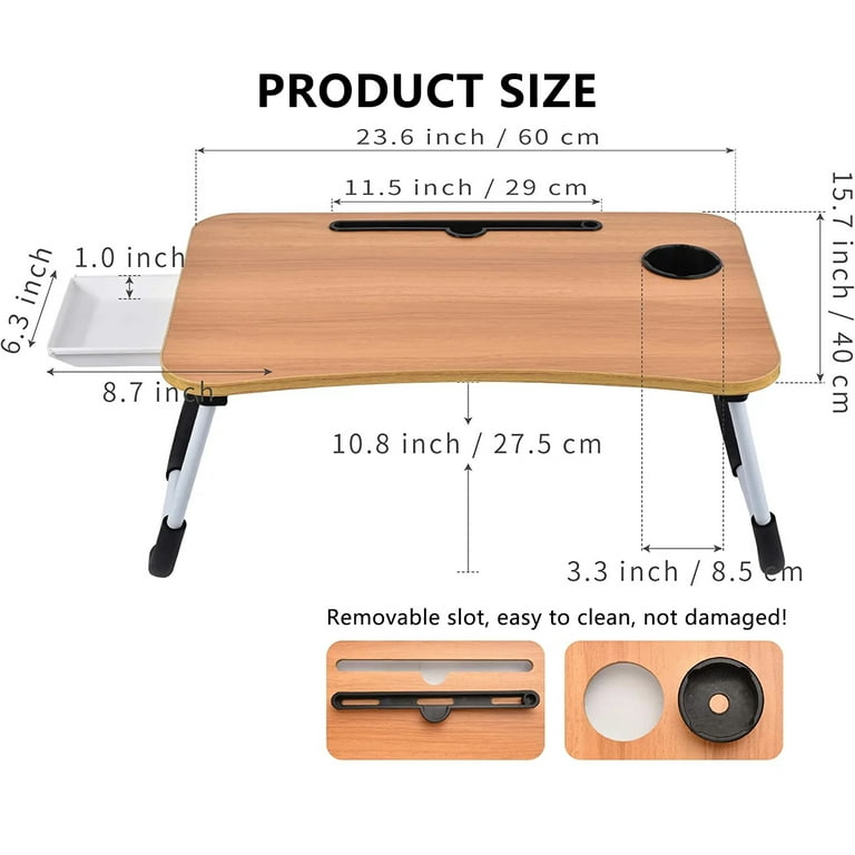 PHANCIR Foldable Lap Desk, 23.6 Inch Portable Wood Laptop Desk Table  Workspace Organizer Bed Tray with iPad Slots, Cup Holder and Drawer,  Anit-Slip