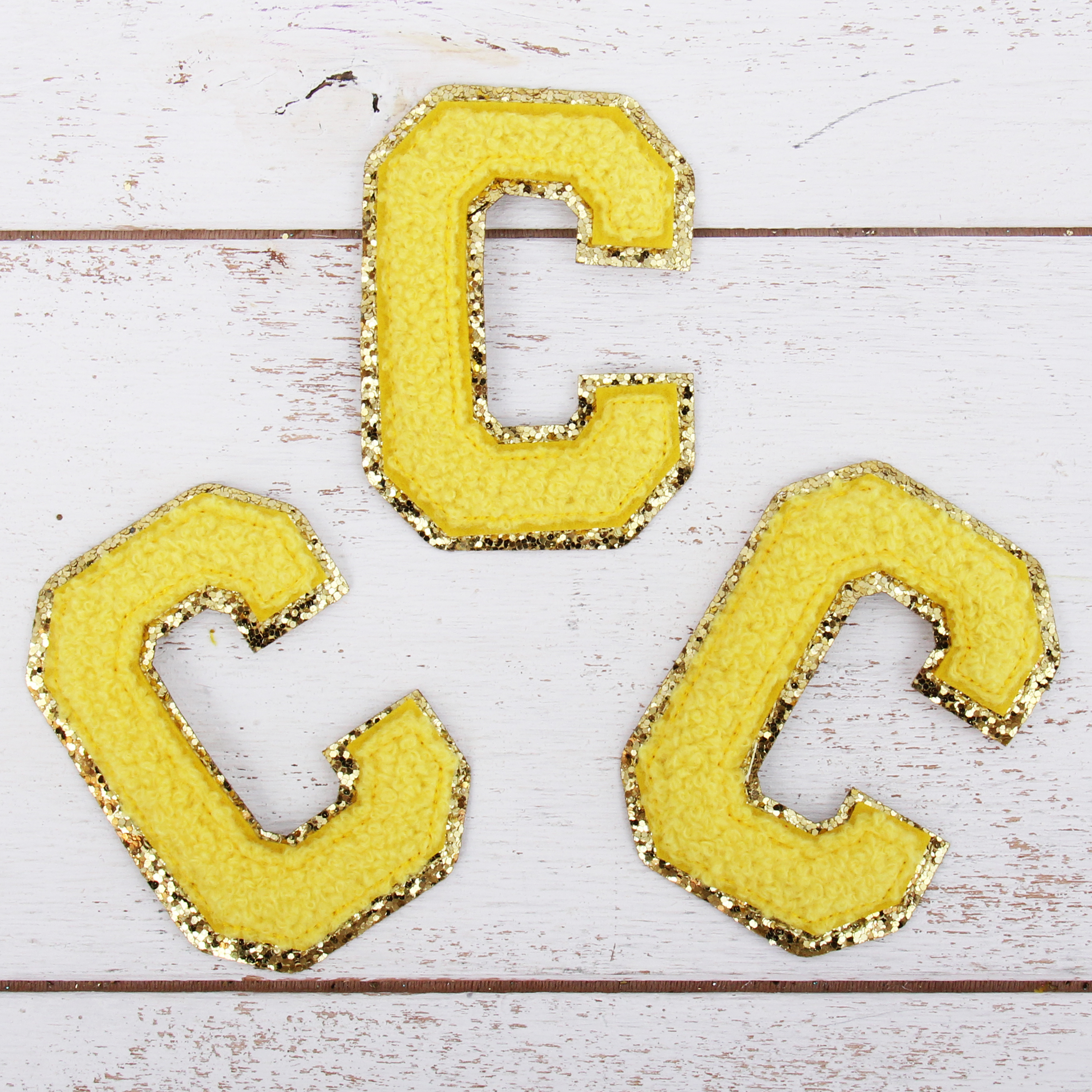 3 Pack Chenille Iron On Glitter Varsity Letter C Patches - Yellow  Chenille Fabric With Gold Glitter Trim - Sew or Iron on - 8 cm Tall 