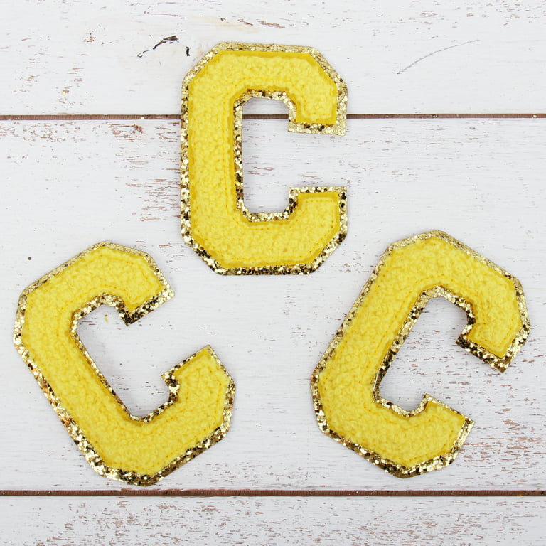 3 Pack Chenille Iron On Glitter Varsity Letter C Patches - Yellow  Chenille Fabric With Gold Glitter Trim - Sew or Iron on - 8 cm Tall