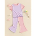 thumbnail image 6 of Yunliwuli Kid Girls Pants Set, Contrast Color Short Sleeve Crew Neck T-shirt with Flare Pants Summer Outfit, 6 of 10