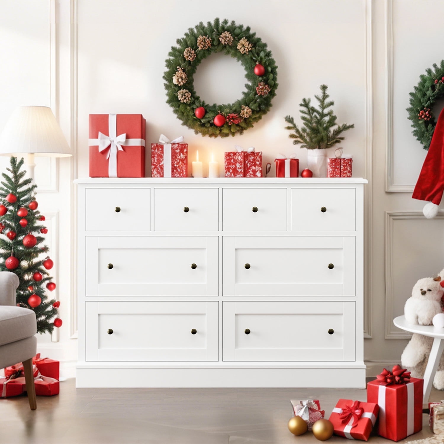 Homfa 8 Drawer Horizontal Combo Dresser for Bedroom, Modern White Chest of Drawers Wood Storage Cabinet for Living Room