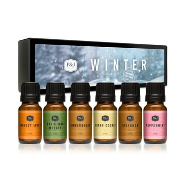 Winter Set of 6 Fragrance Oils - Premium Grade Scented Oil - 10ml - Cinnamon, Gingerbread, Sugar Cookies, Harvest Spice, Peppermint, Christmas Wreath