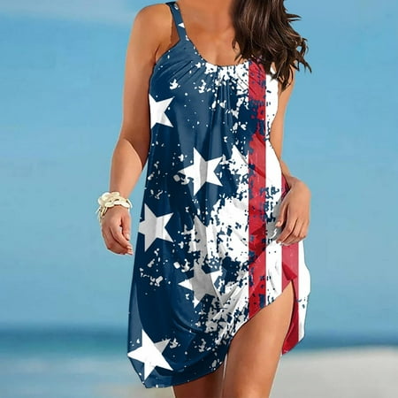 

Hvyesh 4th of July Dresses Women Summer Casual Maxi Dress Party Graphic Crew Neck Sundresses Comfortable Sleeveless Trendy Dresses 2023 White