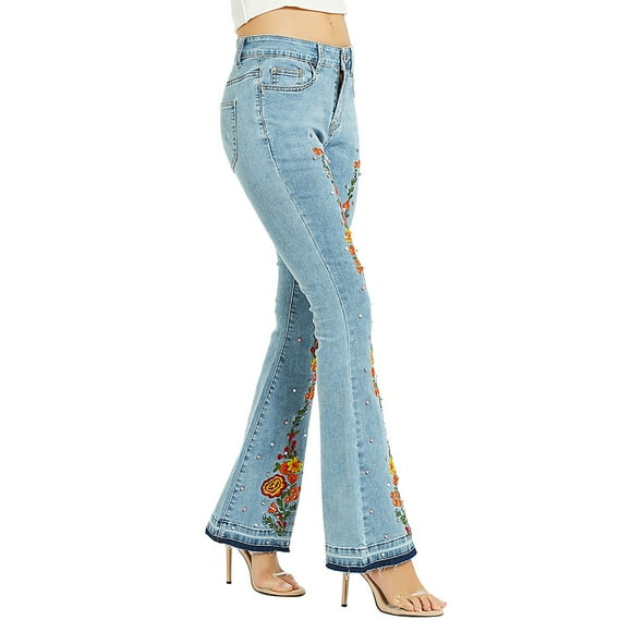 Bmisegm Women's Floral Embroidered Beaded Slim Fit Casual Flared Jeans Y2K Jeans for Women A XXL