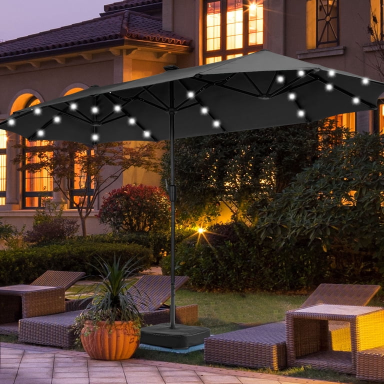 heavy dury patio umbrellas with solar lights Mojia 10x10 FT Square Cantilever Umbrella LED and Cross Base, 360° Rotation Large Duty Offset Outdoor Umbrella with Easy Tilt for Pool Backyard Deck Garden Counterweight base not included. Best Choice Products 10ft Solar