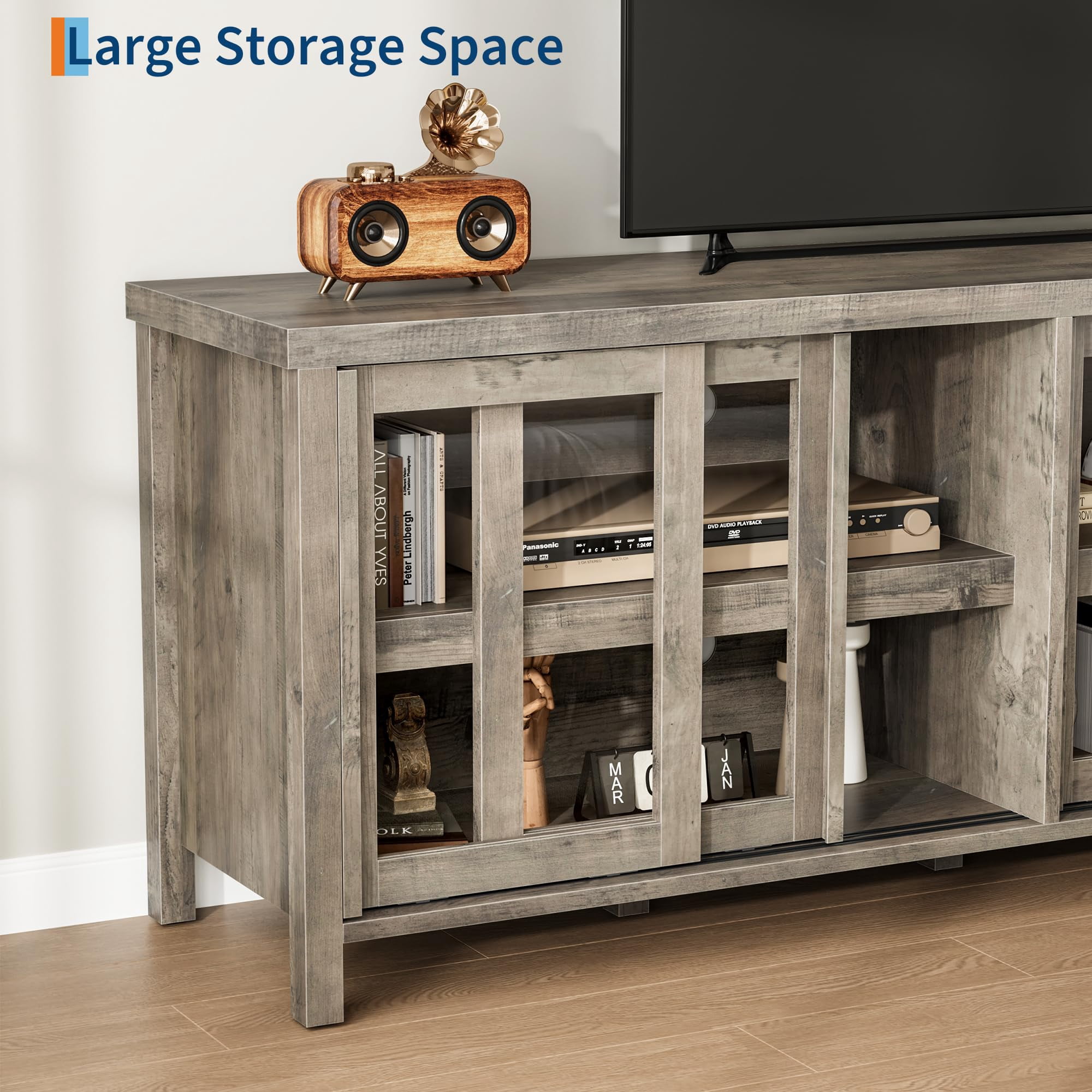 62" Farmhouse TV Stand for TVs up to 75 Inch - Entertainment Center with Glass Sliding Doors & Adjustable Shelves - Large Storage Media Console for Living Room & Bedroom - Black / Gray / Retro