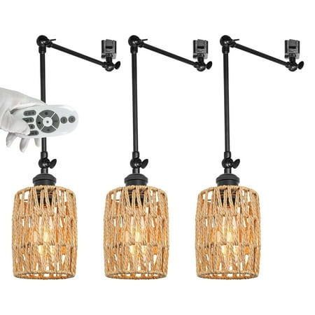 

FSLiving Gimbaled LED Track Light Adjustable Light Poles Juno Track Pendants J-Type Track Pendant Lights Twine Natural Rattan E26 Smart LED Edison Bulbs Track Mount for Island Sloped Ceiling