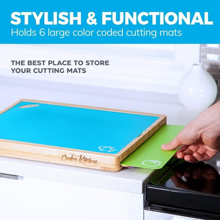 Bamboo Cutting Board with 7 Color-Coded Flexible Cutting Mat Set with Food Icons Bamboo Cutting Board with 7 Color-Coded Flexible Cutting Mat Set with Food Icons