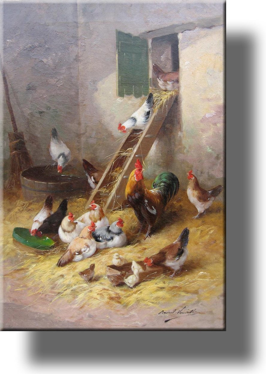 Rooster, Hens, and Little Chicks in Chicken Coop by Neuville, Picture