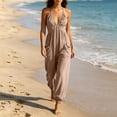thumbnail image 2 of Tqcoqu Women's Plunge Halter Sleeveless Pleated Long Romper,Knit Jogger Maxi Jumpsuit with Pockets,Khaki Women's S-XXL, 2 of 6