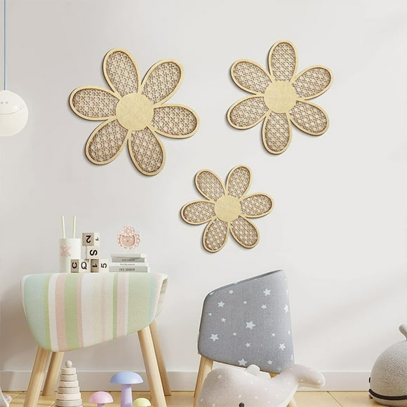 Bohemian Wooden Wall Decor 3-Pack | Faux Rattan Pattern Flower Shape Wall Art | Yellow Wood Hanging Ornaments | Durable Eco-Friendly Living Room Accent | Easy Install Holiday Gifts