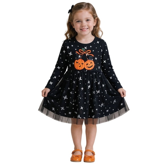 WERYOUNG Halloween Girls Dresses Pumpkin Print Long Sleeve Crewneck Mesh Dresses For Girls Kids Holiday Party Comfortable Sundress 3-4 Years