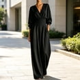 thumbnail image 4 of Karymi Capri Pants for Women Solid V Neck Wrap Jumpsuit, 3/4 Lantern Sleeve Elastic High Waist Wide Leg Long Romper Pants, Pleated Front Side Pockets Jumpsuit Halara Pants Women, 4 of 5