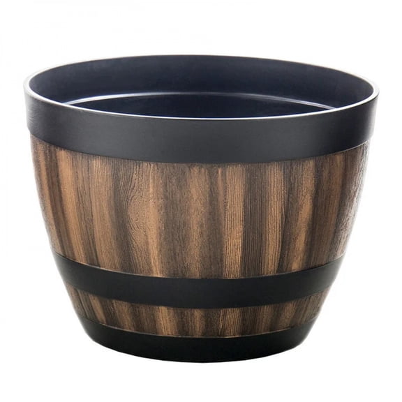 Durable Plastic Round Elegant Whiskey Barrel-Inspired Planter - Indoor & Outdoor Flower Pot for Gardens and Balconies