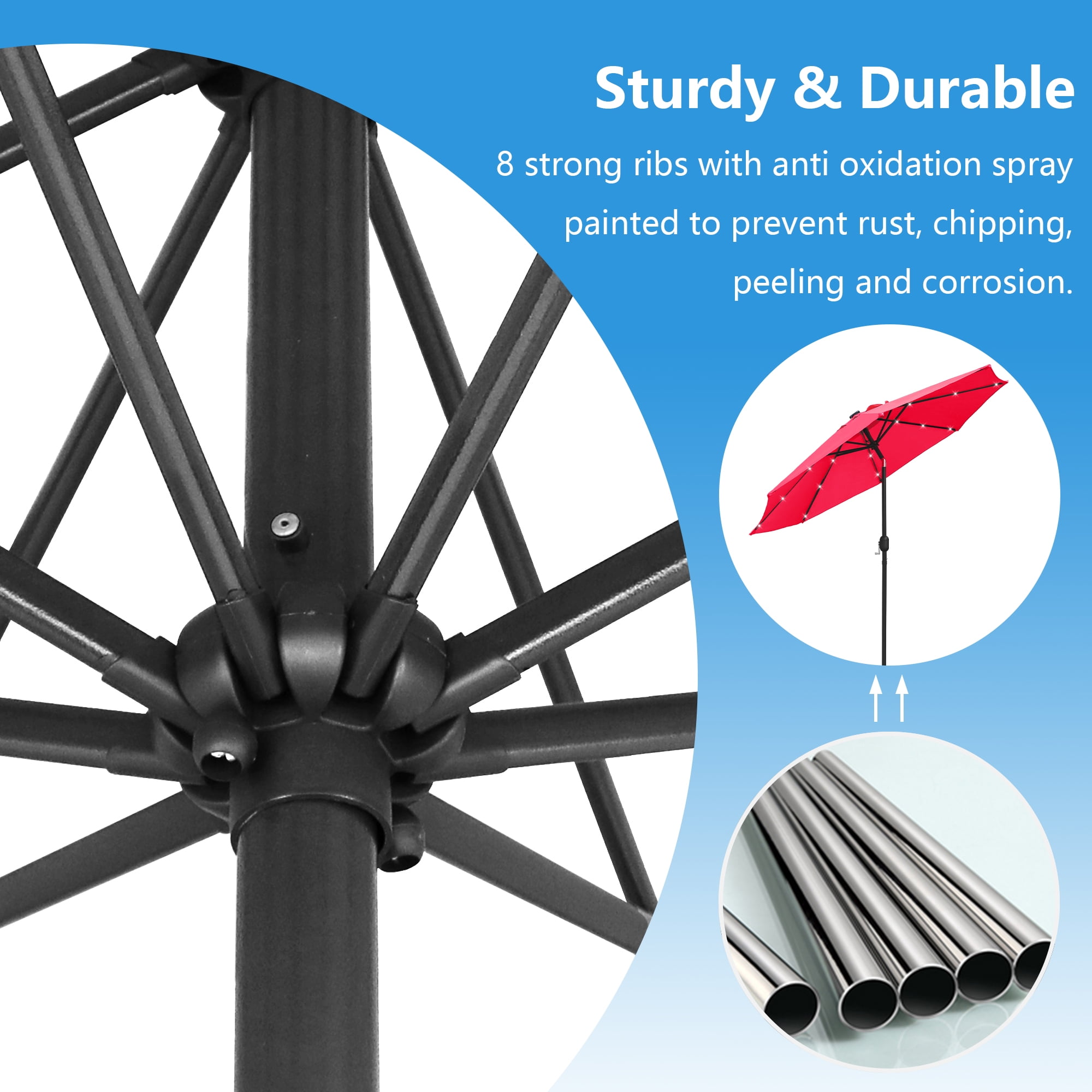 Abble 9ft Solar LED Lighted Patio Umbrella, Table Market Umbrella, Outdoor Umbrella for Garden, Deck, Backyard, Pool and Beach, Red