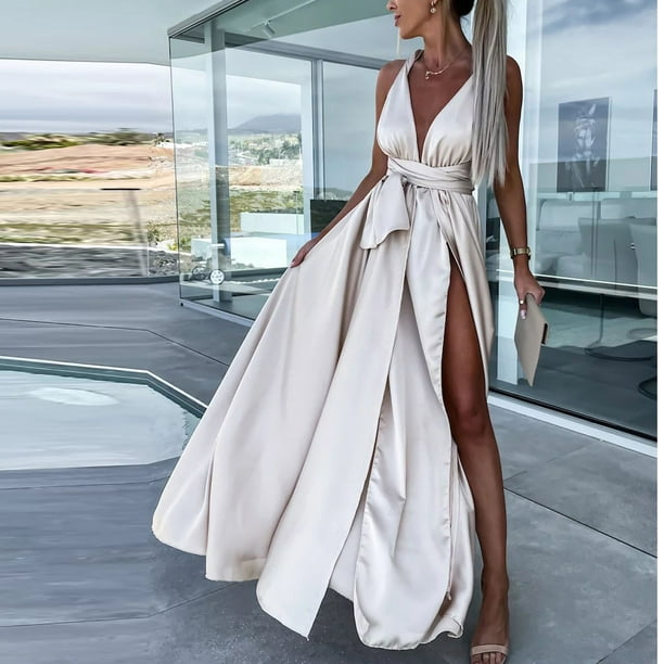 QUYUON Maxi Dresses for Women 2023 Wedding Guest Dress Summer Casual Cross  Back Tie Knot Sleeveless High Split Cocktail Dresses Pleated A-Line Evening  Party Long Dress Style D-7563 Beige L