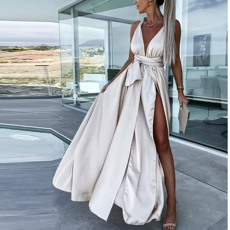 IROINNID Discount Wedding Guest Dresses for Women Evening Night Party Dress  Spring And Summer V-Neck Strap With Split Lace Up Solid Color Dress Elegant  Formal Dress,Beige - Walmart.com