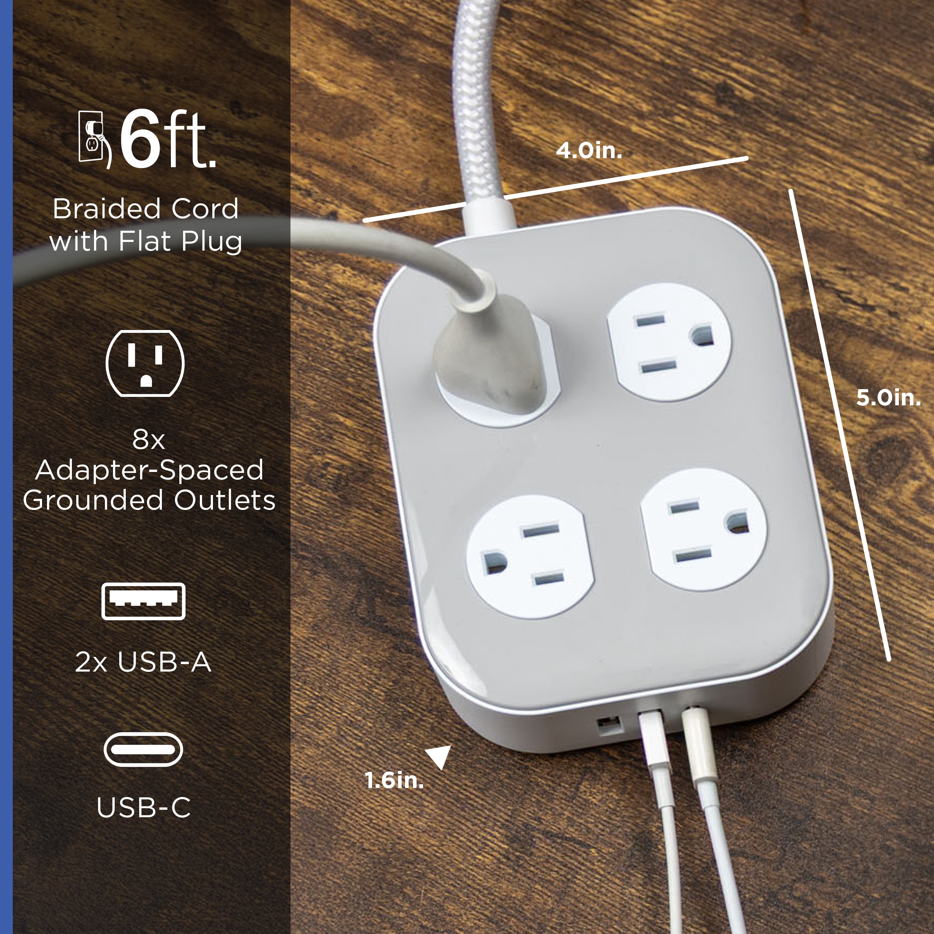 GE 8 Outlet Surge Protector Power Strip with USB‑A and USB‑C, 1500 Joules, 6ft Braided Cord