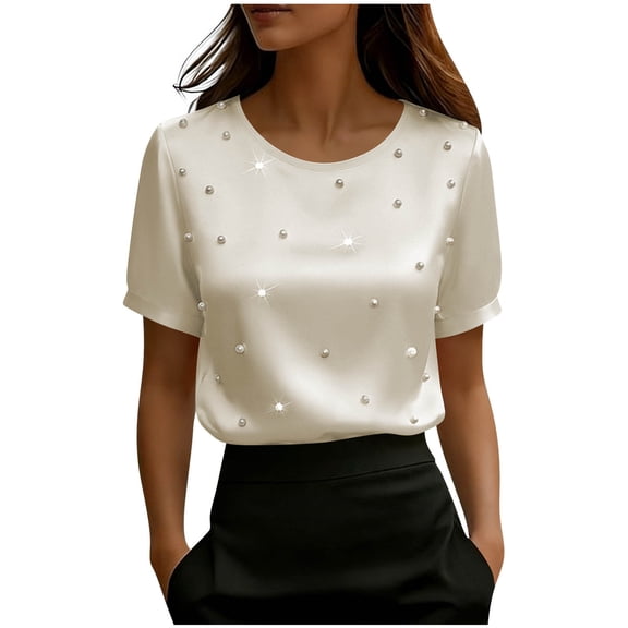 Fewfanhot Women Clothing Short Sleeve Round Neck Pearl Beaded T Shirts Casual Summer Loose Tees Top