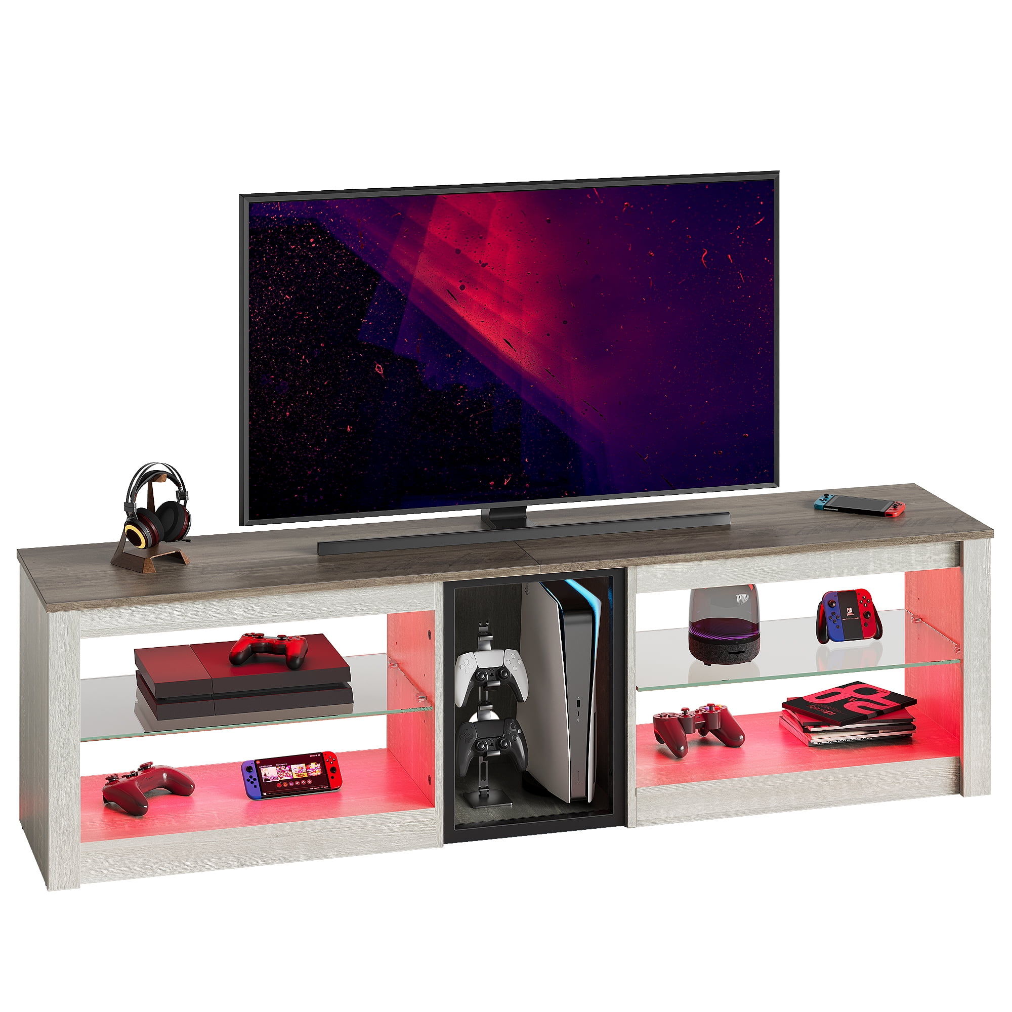 Bestier Led Entertainment Center for PS5, Gaming TV Stand with Cabinet for  65/70 Inch TV, Modern TV Console with Adjustable Glass Shelf for Living