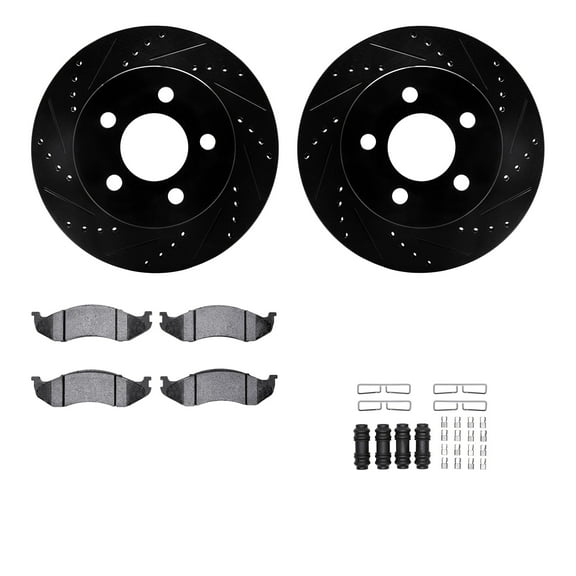 Dynamic Friction Company Front Brake Rotors-Drilled and Slotted-Black with Ultimate Duty Performance Brake Pads includes Hardware 8412-42035