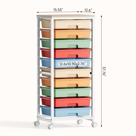 10-Drawer Rolling Cart with Wheels & Wooden Tabletop Utility Storage Cart for Classroom Teacher Craft Supplies - Mobile Organizer in Purple Rainbow