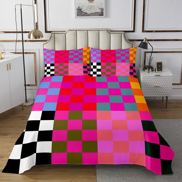 Erosebridal Vintage Checkered Coverlet Set Queen, Square Geometric Bedding Set, Buffalo Check Decor