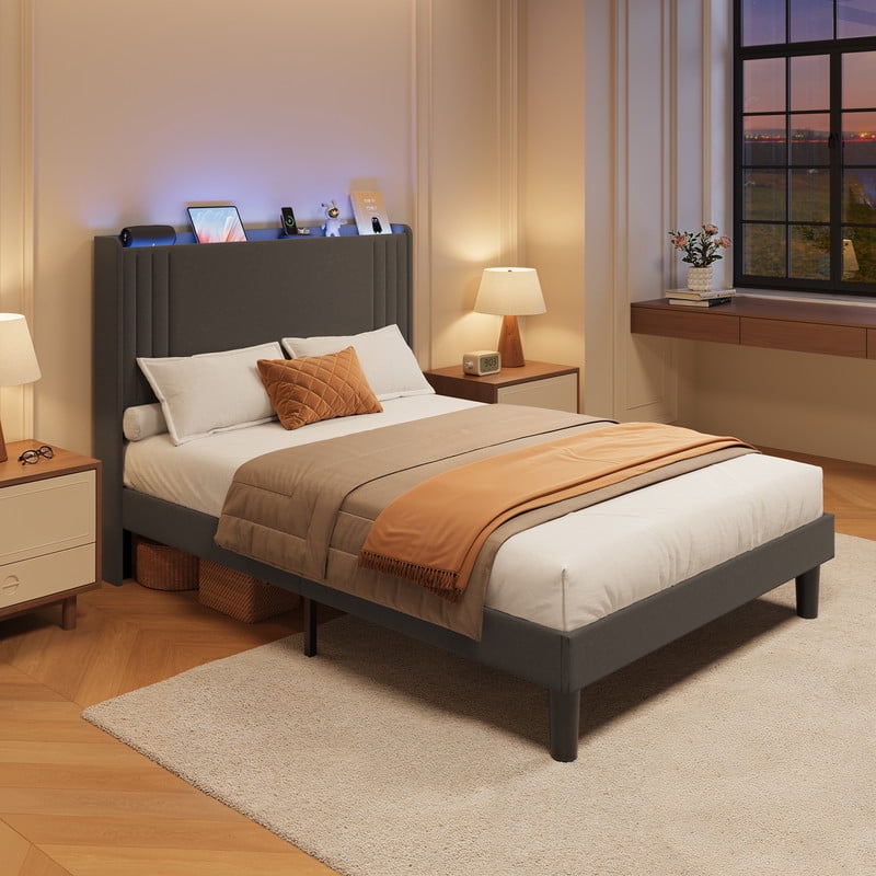 Luxury Wingback Upholstered Platform Bed Frame, Noise-Free & Sturdy, No Box Spring Required, Full Size Bed Dark Grey