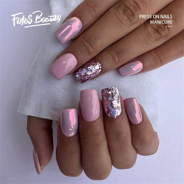 Fofosbeauty 24pcs Press on False Nails Tips, Square Fake Acrylic Nails, Purple Aurora