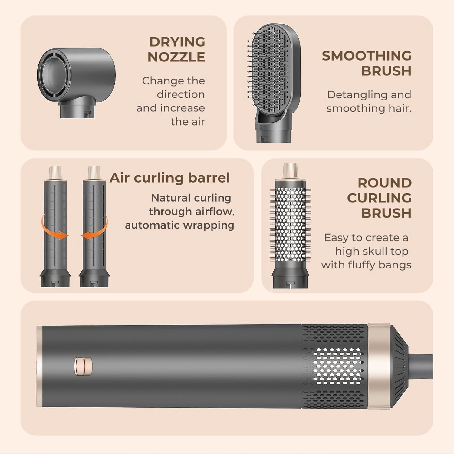 5 in 1 Hair Dryer Brush Hot Air Curling Brush Negative Ion Air Styler for Home & Travel