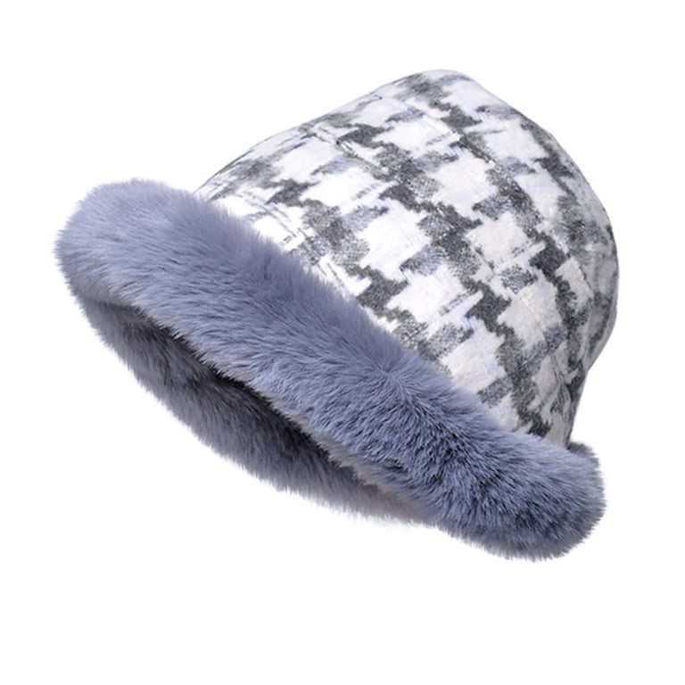 Herrnalise Women Plaid Printed Faux Fur Bucket Hat Warm  display picture 1