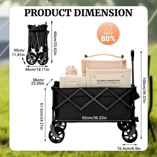 YINYUN 400L Collapsible Wagon, Folding Wagon Cart , Beach Wagon with Big Wheels, Heavy Duty Foldable Wagon, Large Capacity Wagon for Camping,Garden (Black)