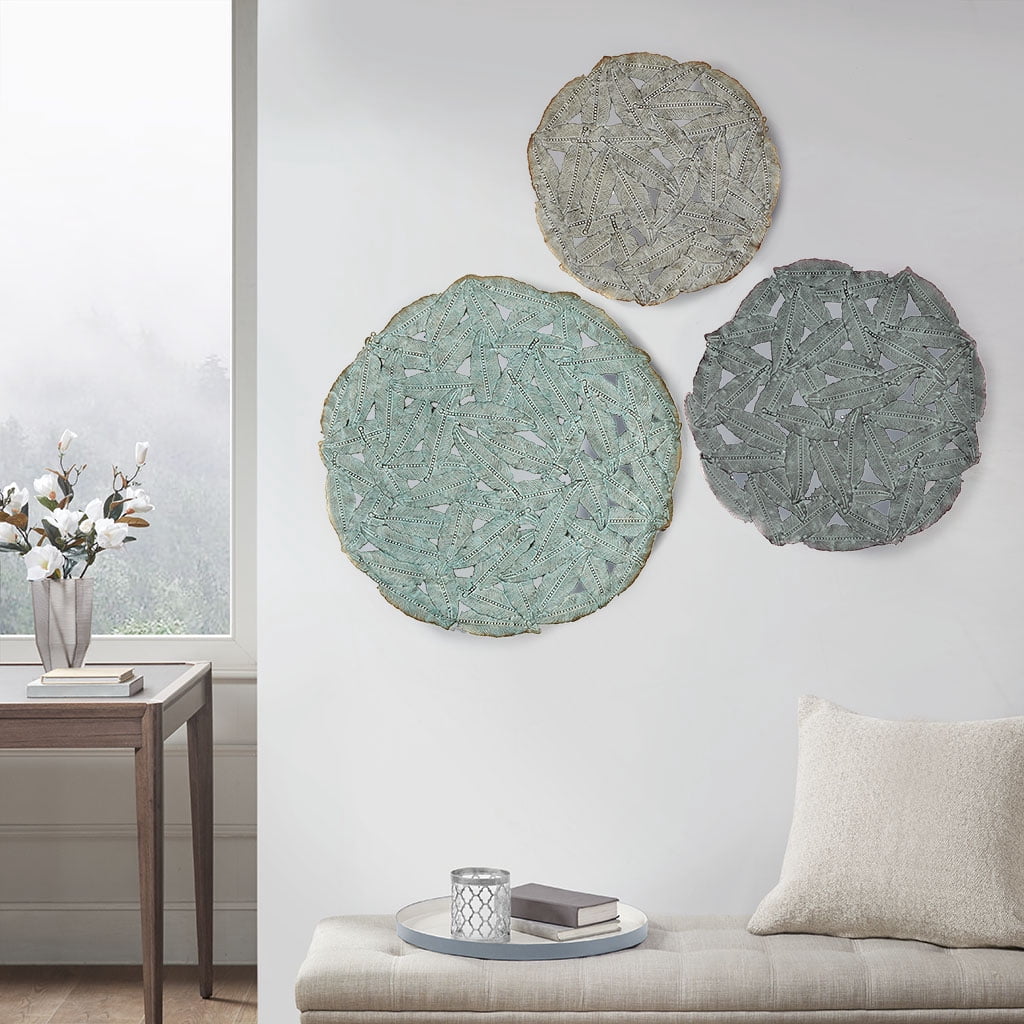 MAYEERTY Textured Feather 3-Piece Metal Disc Wall Decor Set