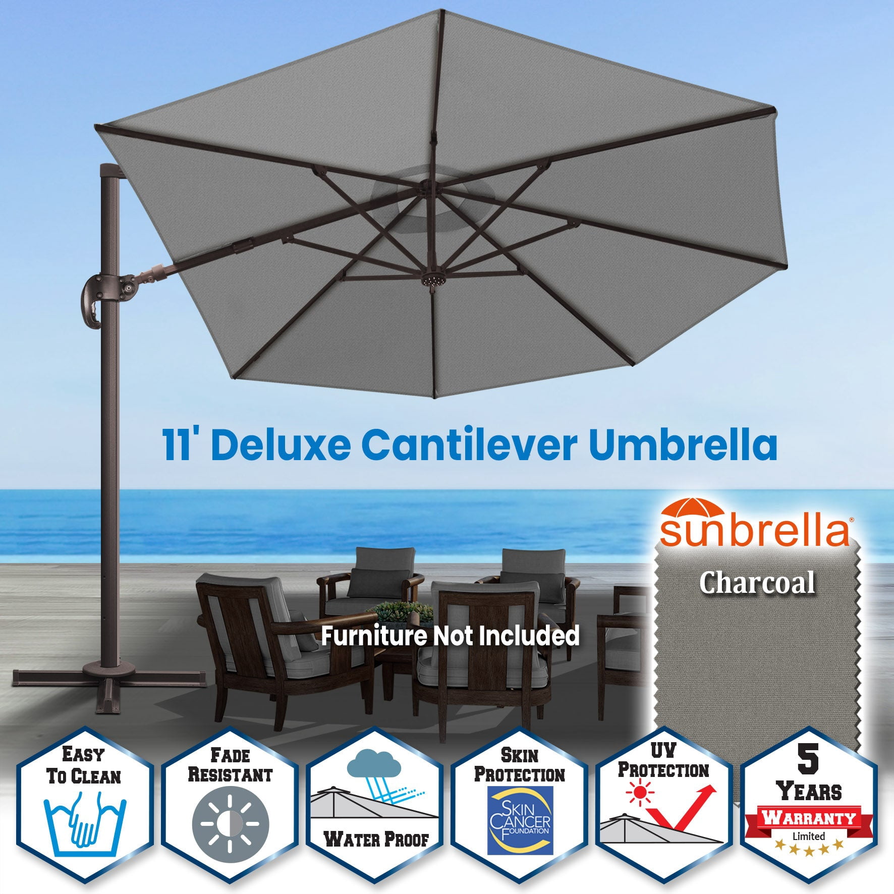 SUNRISEUMBRELLA 11'Deluxe Hanging umbrella with lights(Charcoa)