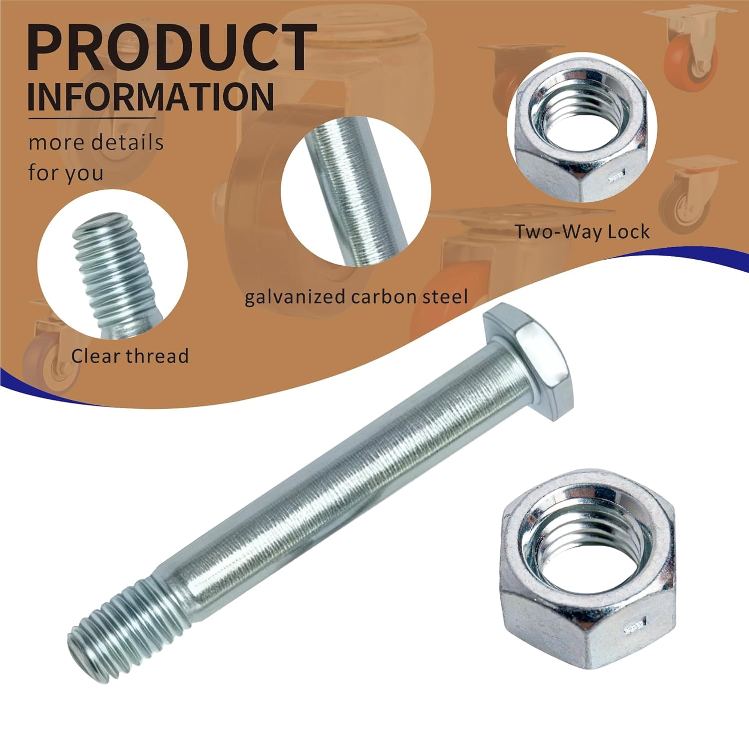 8- wheel bolts and nuts, 82.5mm long, galvanized carbon steel, hex head screws with double locking nuts, replacement hardware for hand trucks, platform trucks, and tool carts