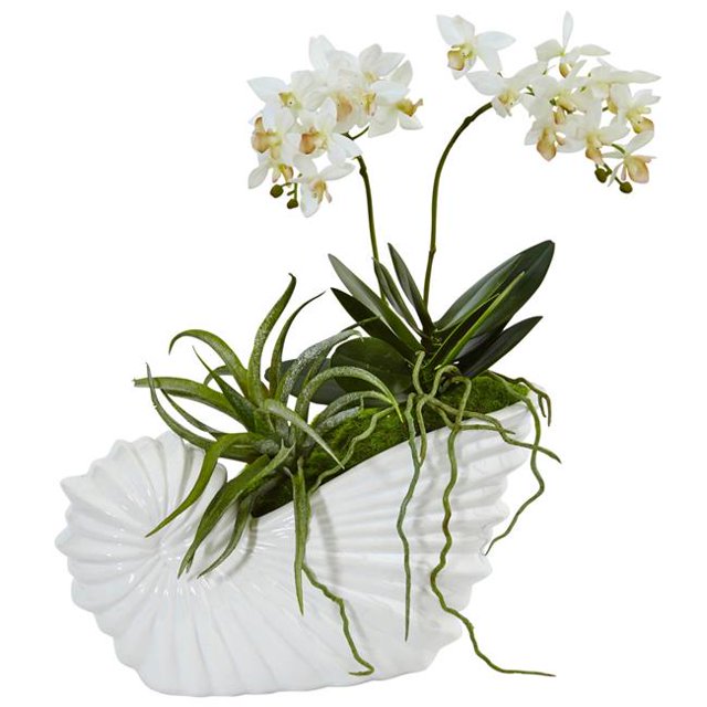 Nearly Natural 1481 Succulent & Mini Phalaenopsis in Shell Ceramic