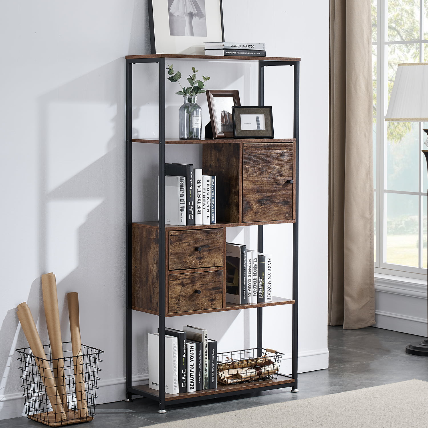 Lavievert 4-Tier Vintage Industrial Bookshelf Rustic Wood and Metal Bookcase Standing Display Rack and Storage Organizer for Home & Office