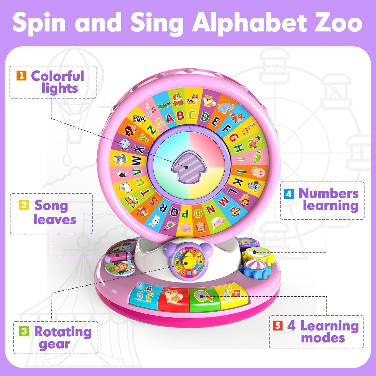 Learning Toy for 1 2 3 Year Old Girls, Spin and Sing Alphabet Zoo with Sounds, Interactive Educational Toys for Toddlers 1-3, Birthday Gifts for Baby Girls Boys 9-12-18 Months