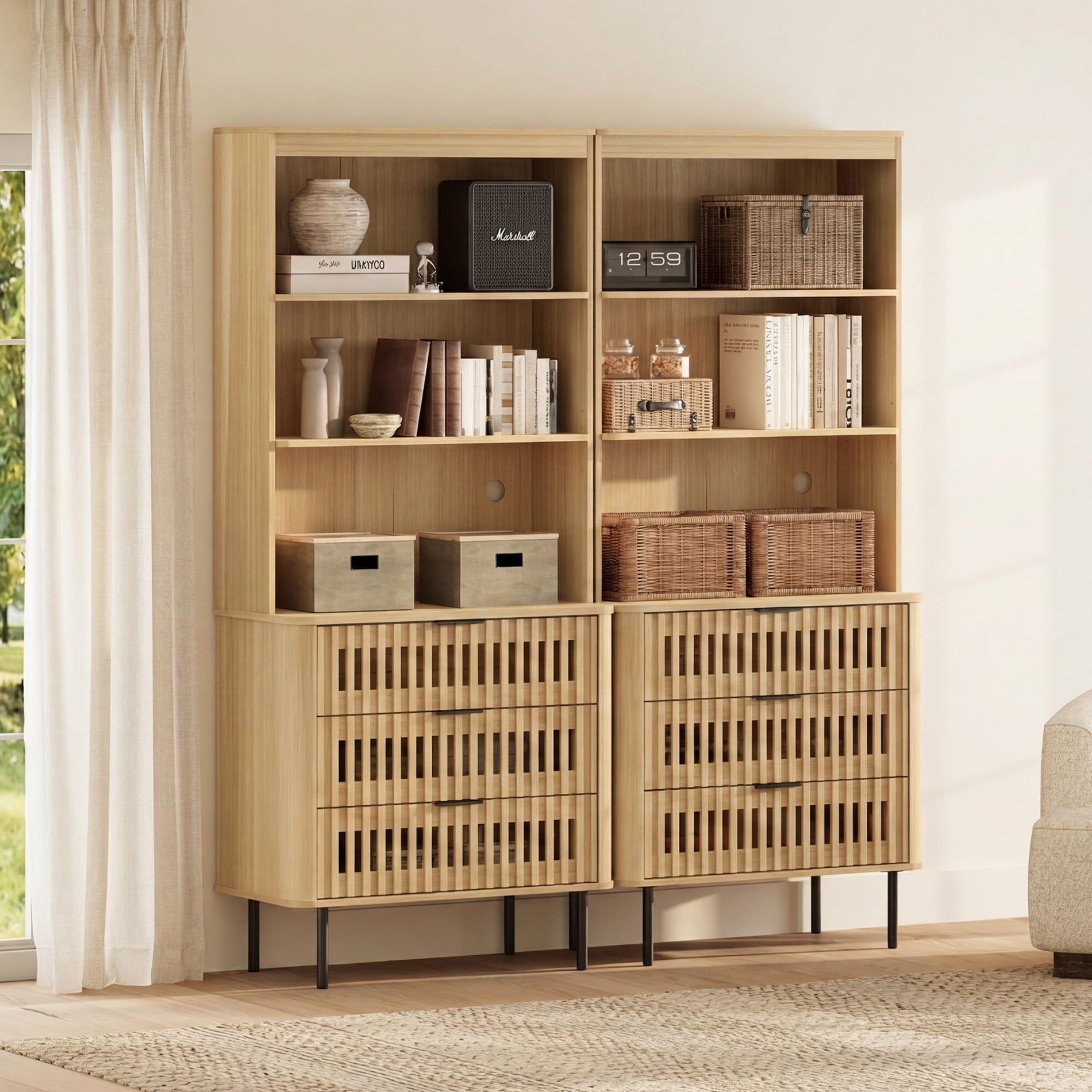 WAMPAT 72.8" Tall 3-Tier Bookshelf with Large Drawer, Modern Bookcase with Storage, Adjustable Shelves, Wood Storage Cabinet, Oak, 2 PCS