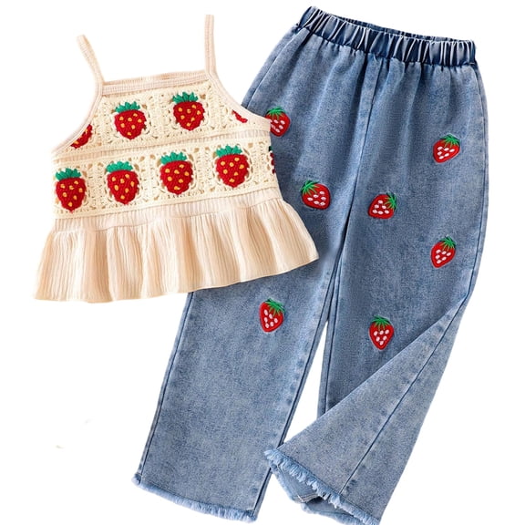 JAJAHO Kids Girl Clothes 2 Piece Outfits Strawberry Crochet Spaghetti Strap Camisole Top Wide Leg Jeans Girls Cute Summer Beach Clothing Set 3-7Y