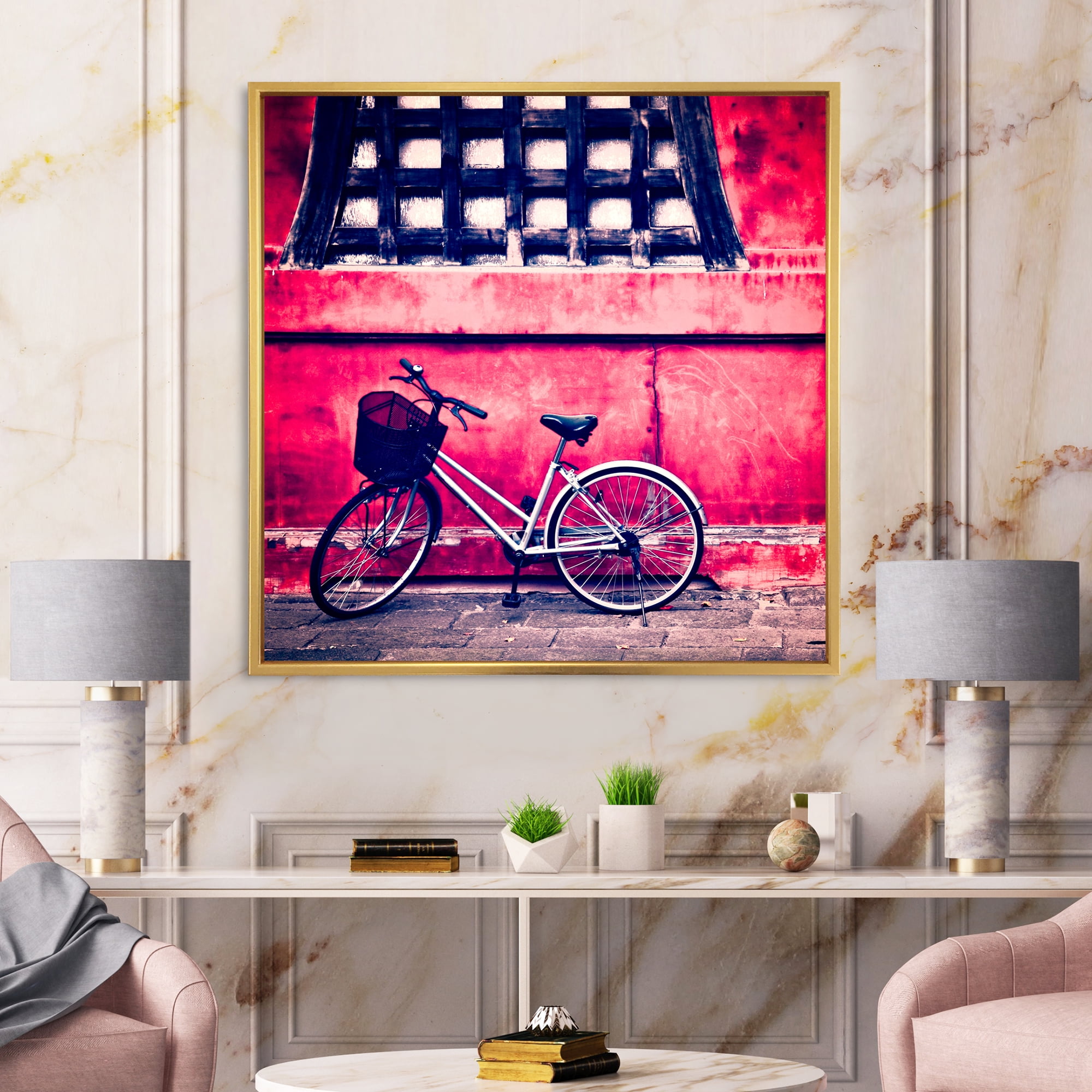 Designart 'Bicycle By Oriental Zozoji Temple Tokyo' Vintage Framed Canvas Wall Art Print