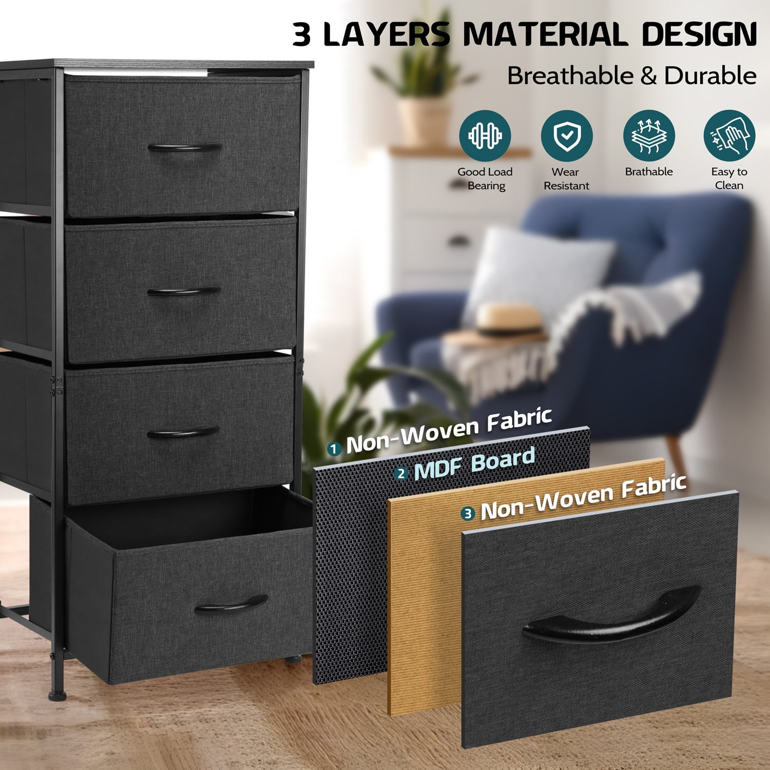 4 Drawers Dresser for Bedroom, Vesteel Fabric Chest of Drawers Tall Storage Tower with Wood Top and Sturdy Steel Frame, Storage Organizer Unit for Closet, Living Room, Hallway - Black