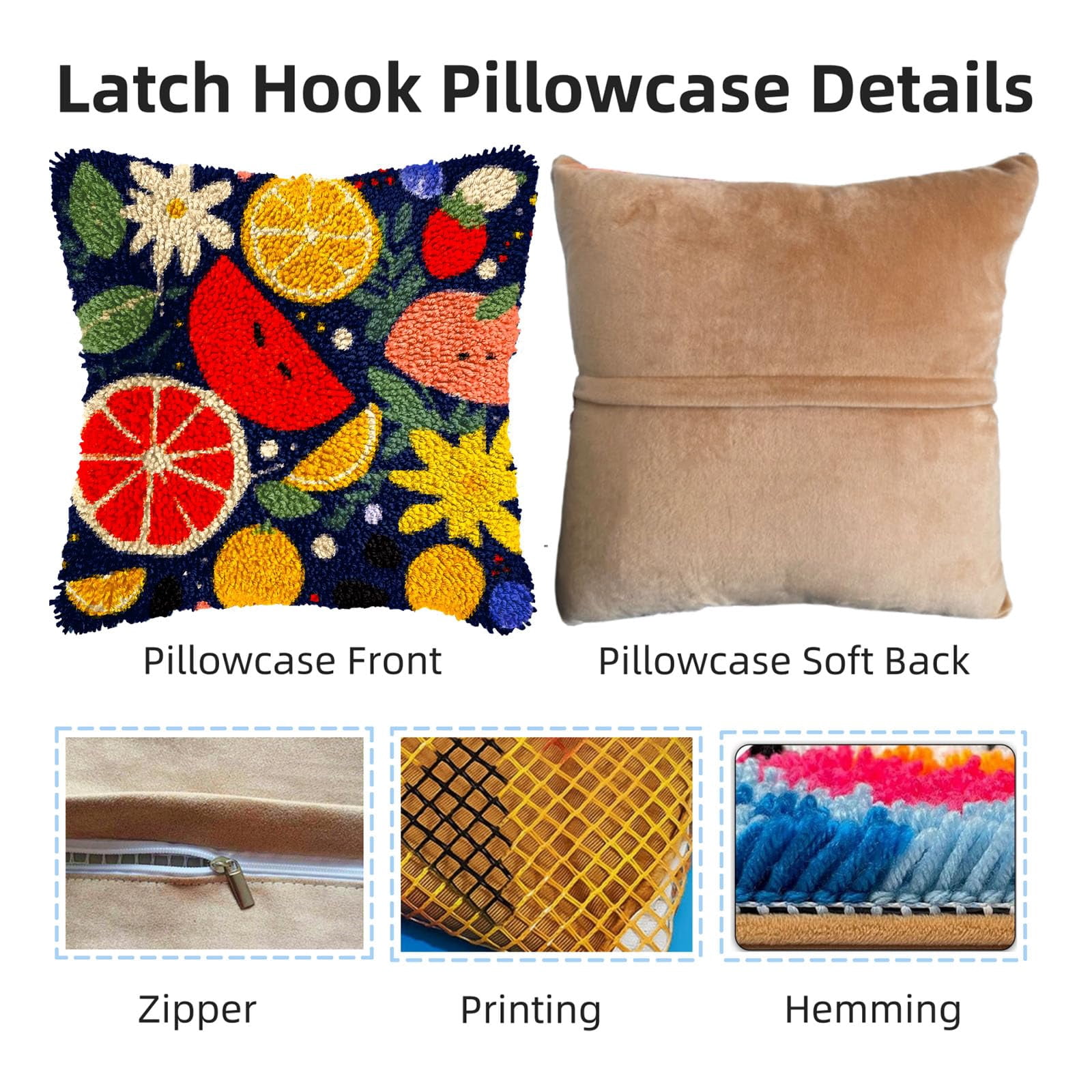 Colorful Fruits DIY Latch Hook Pillow Kits for Adults Printed Pillowcase Crochet Yarns Hooking Handmade Pillow Cover Cushion for Home Sofa Decoration 17x17inch