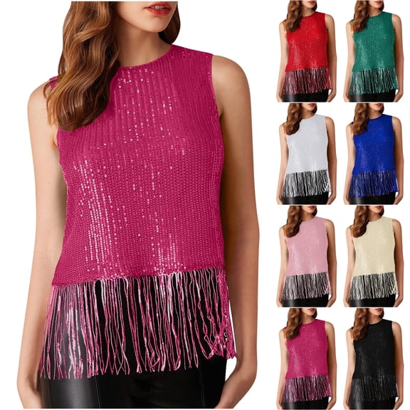 Laqbezok Women's Sequin Fringe Tank Top Sleeveless Round Neck Sparkly Shimmer Party Tassel Cropped Shiny Outfit