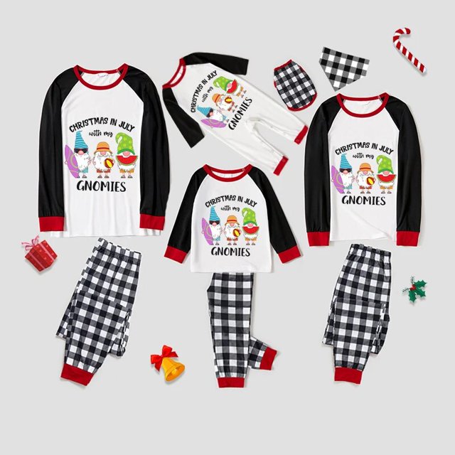 Pijamas familiares navideños a juego, conjuntos de pijamas a cuadros blancos y negros, My Gnomies, Christams en julio