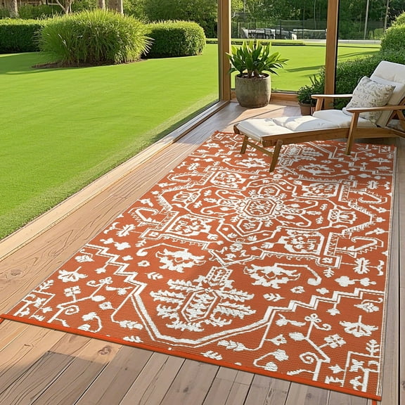 Hasoo 8' x 10' Orange Outdoor Rug Plastic Straw Floral Carpet Waterproof PP Tube Woven Portable Mat for Patio Decor, Balcony, Picnic