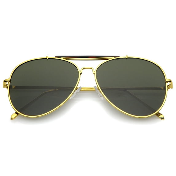 sunglassLA Unisex Classic Metal Double Nose Bridge Slim Temple Super Flat Lens Aviator Sunglasses 57mm (Gold-Tortoise / Green) - 57mm
