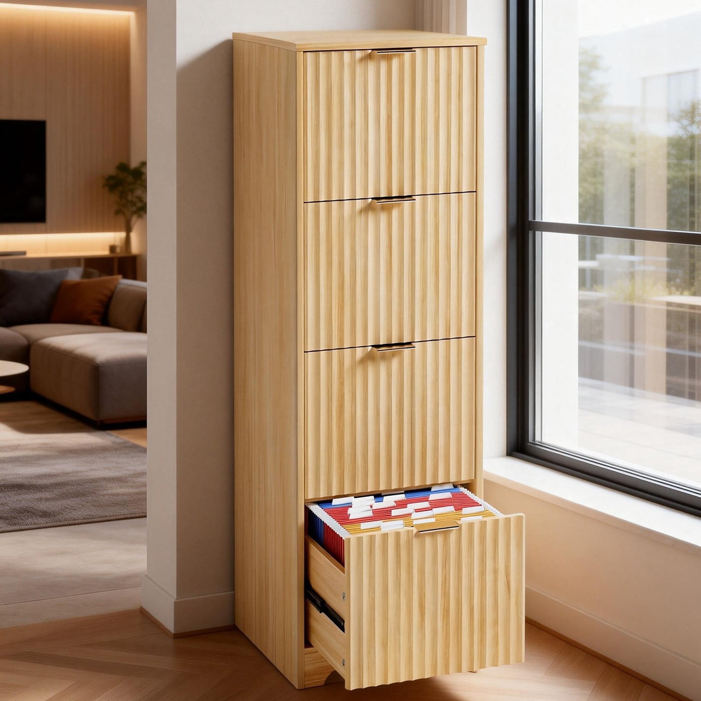 Ktaxon Tall 4-Drawer Wood File Cabinet Vertical Filing Cabinet for Letter A4-Sized Files Easy to Assemble, Modern Style Fluted Design Wood