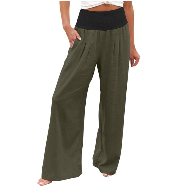 FNFYFH Clearance Women's Soft Linen Cotton Pants Loose Fit High Waist Solid Color