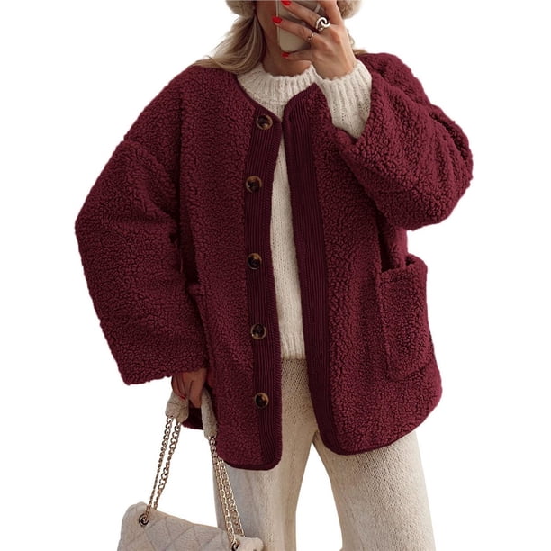 Abrigos de Invierno para Mujer, de Larga, con Botones, Chaquetas de Forro Suave, Ropa de Abrigo, Moda de Otoño Rojo Vino L